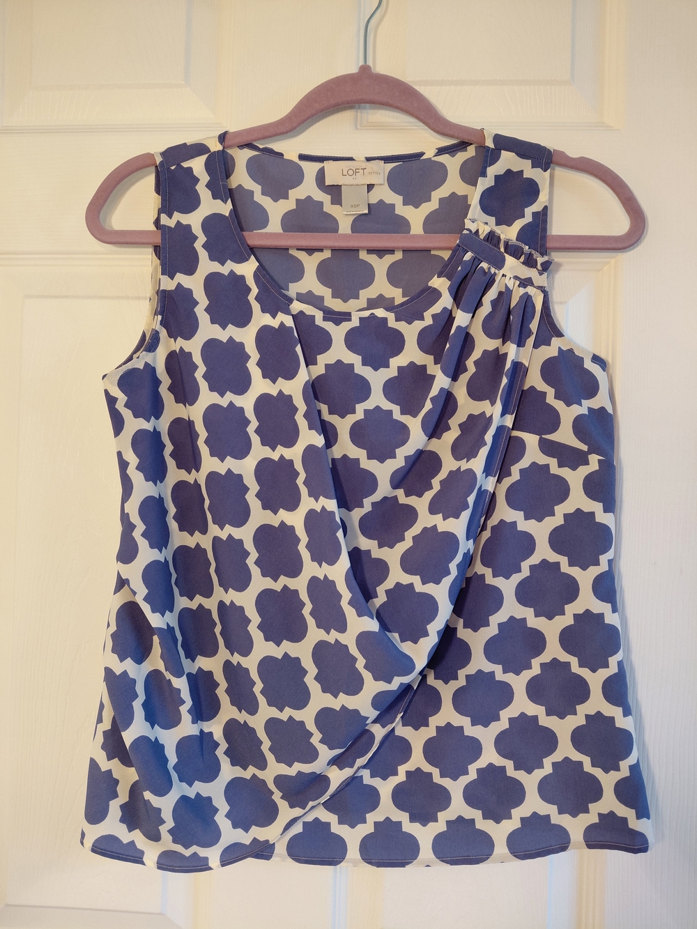 Ann Taylor LOFT Petites Blue and White Sleeveless Surplice Blouse